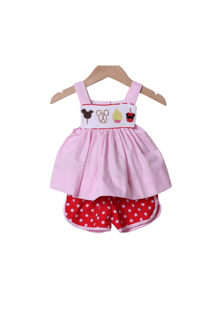 The Smocked Flamingo Apparel & Accessories Smocked Mouse Pink/Red Dot Park Snacks Short Set