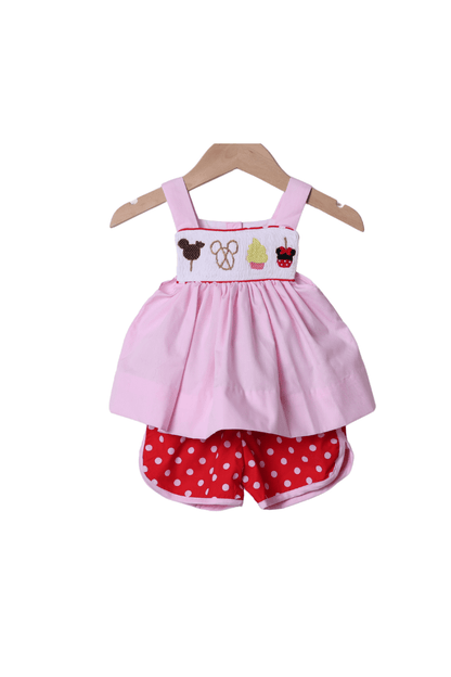 The Smocked Flamingo Apparel & Accessories Smocked Mouse Pink/Red Dot Park Snacks Short Set