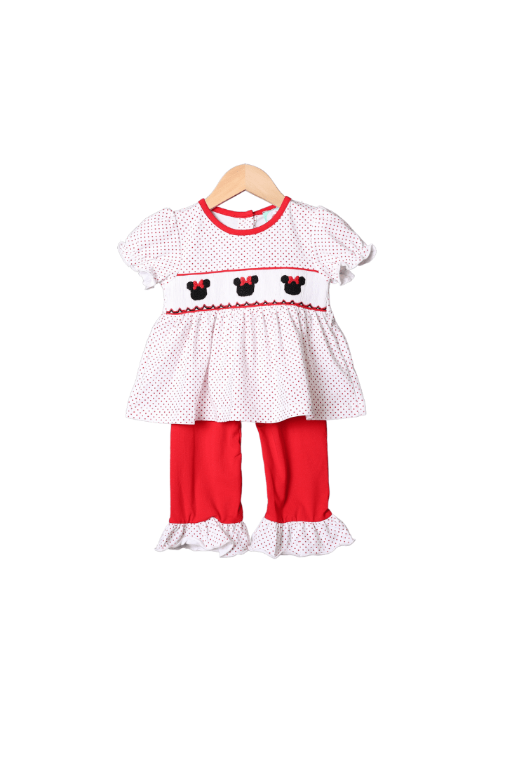 The Smocked Flamingo Apparel & Accessories Smocked Mouse Red Bitty Dot Ruffle Pant Set