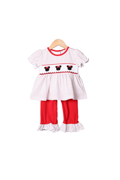 The Smocked Flamingo Apparel & Accessories Smocked Mouse Red Bitty Dot Ruffle Pant Set