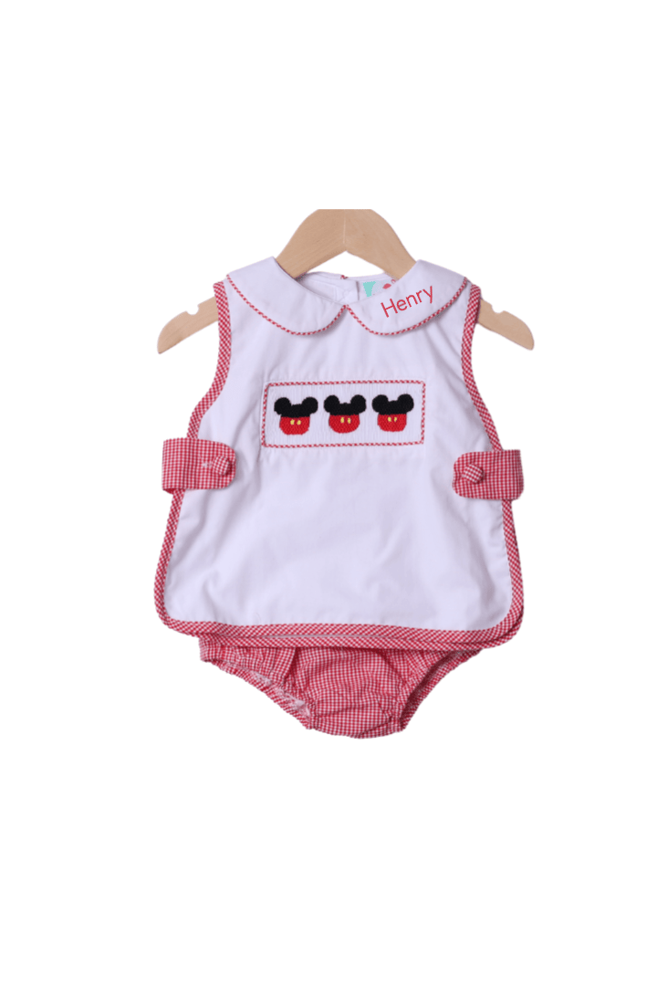 The Smocked Flamingo Apparel & Accessories Smocked Mouse Red Gingham Apron Diaper Set