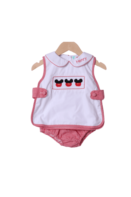 The Smocked Flamingo Apparel & Accessories Smocked Mouse Red Gingham Apron Diaper Set
