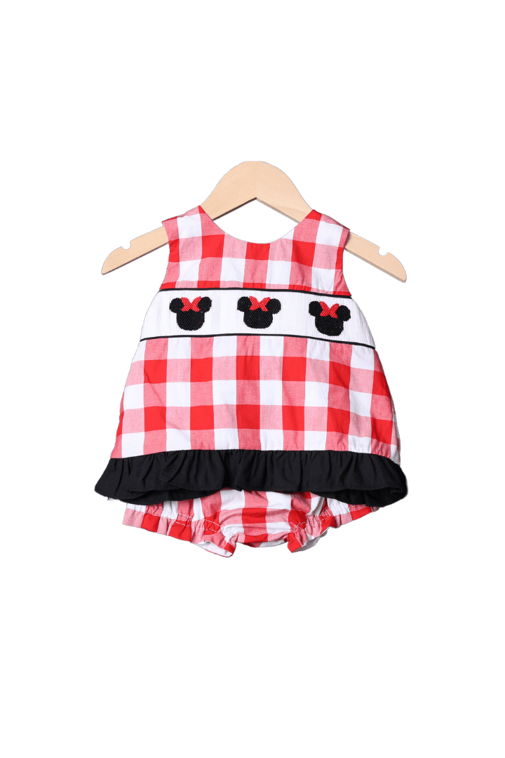 The Smocked Flamingo Apparel & Accessories Smocked Mouse Red Gingham Bow Bloomer Set