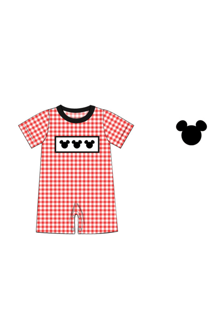 The Smocked Flamingo Apparel & Accessories Smocked Mouse Red Gingham Knit Romper