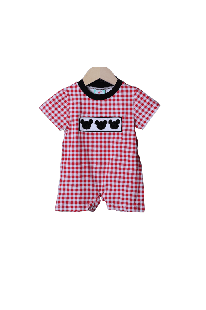 The Smocked Flamingo Apparel & Accessories Smocked Mouse Red Gingham Knit Romper