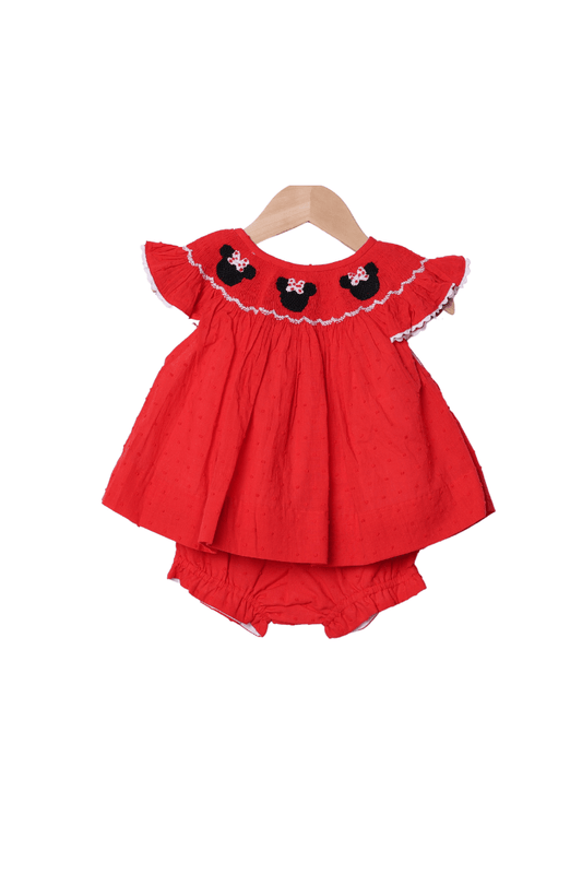 The Smocked Flamingo Apparel & Accessories Smocked Mouse Red Swiss Dot Bloomer Set
