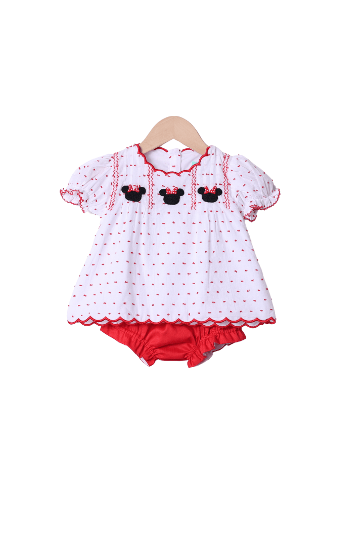 The Smocked Flamingo Apparel & Accessories Smocked Mouse White and Red Swiss Dot Bloomer Set