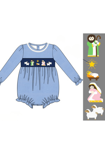 The Smocked Flamingo Apparel & Accessories Smocked Nativity Blue Corduroy Bubble
