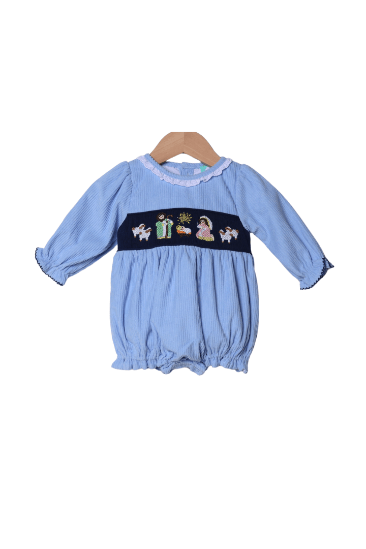 The Smocked Flamingo Apparel & Accessories Smocked Nativity Blue Corduroy Bubble