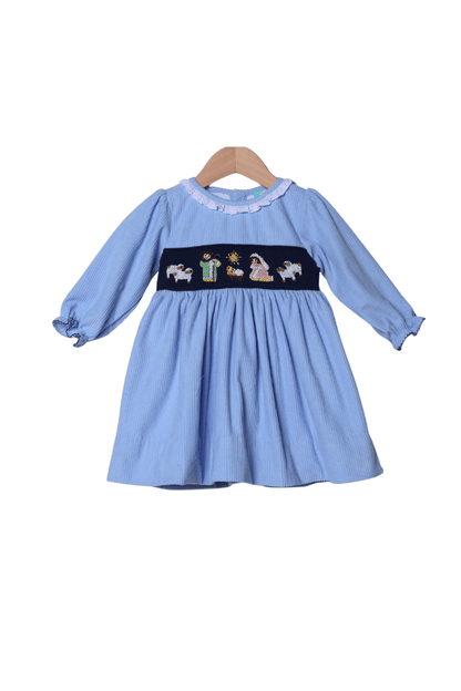 The Smocked Flamingo Apparel & Accessories Smocked Nativity Blue Corduroy Dress