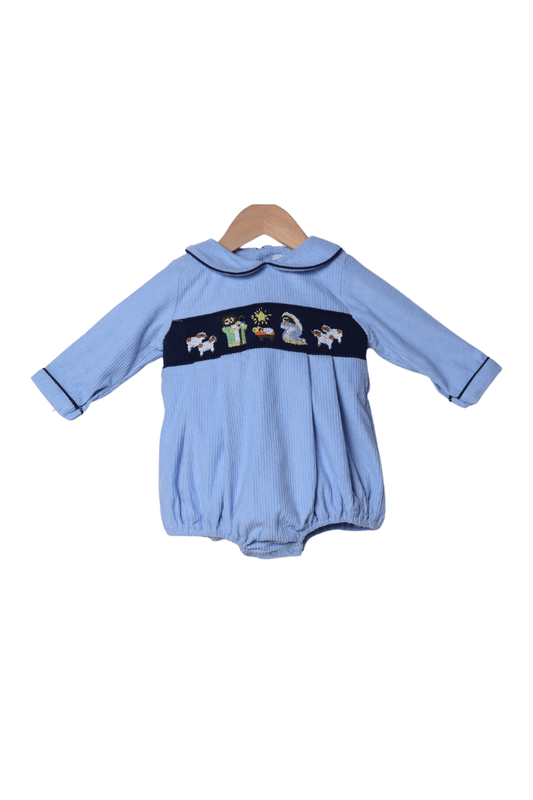 The Smocked Flamingo Apparel & Accessories Smocked Nativity Blue Corduroy Peter Pan Collar Bubble
