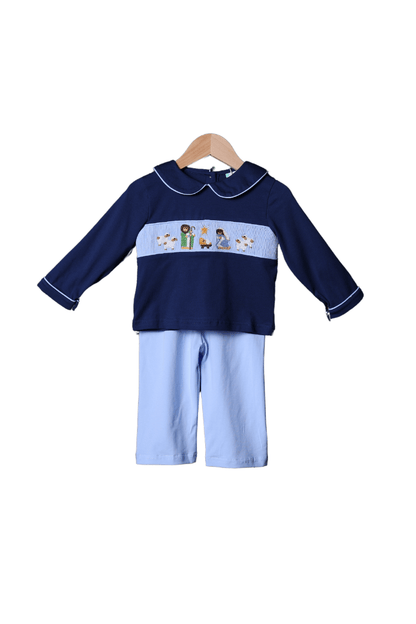 The Smocked Flamingo Apparel & Accessories Smocked Nativity Navy Knit Pant Set