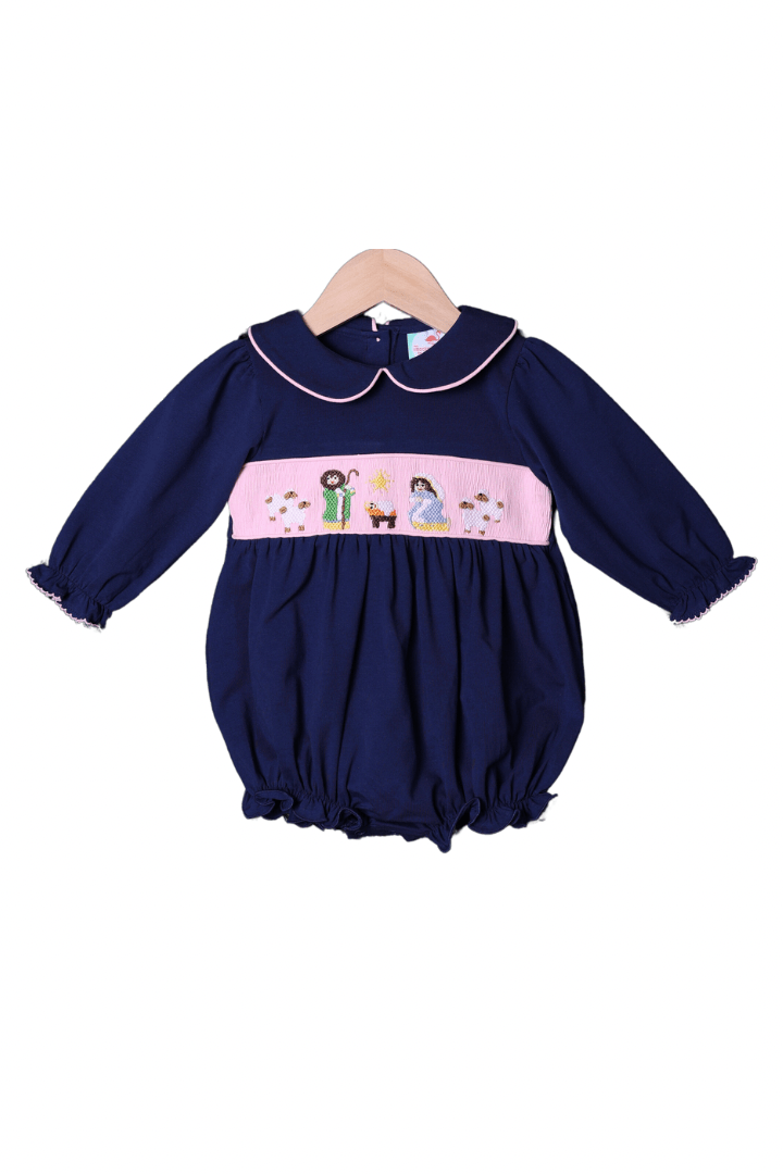 The Smocked Flamingo Apparel & Accessories Smocked Nativity Navy/Pink Knit Bubble