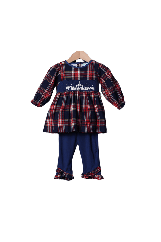 The Smocked Flamingo Apparel & Accessories Smocked Nativity Tartan Bow Pant Set