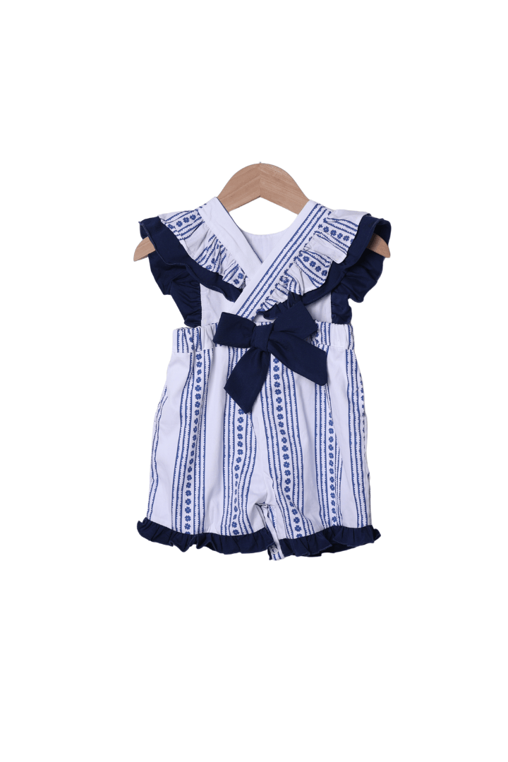 The Smocked Flamingo Apparel & Accessories Smocked Navy and White Bow Romper