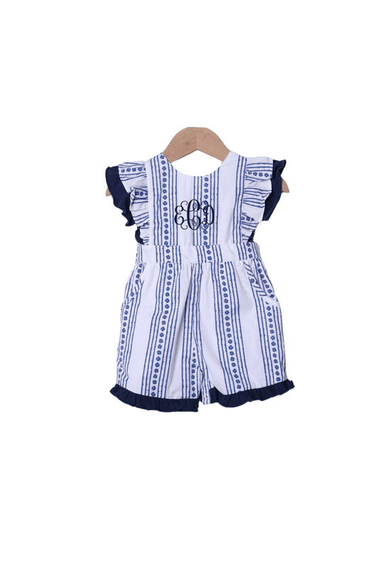 The Smocked Flamingo Apparel & Accessories Smocked Navy and White Bow Romper