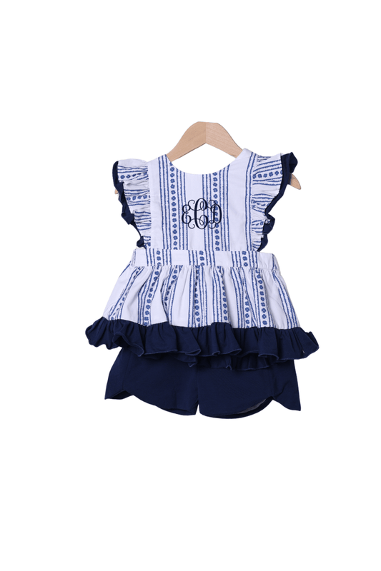 The Smocked Flamingo Apparel & Accessories Smocked Navy and White Bow Short Set