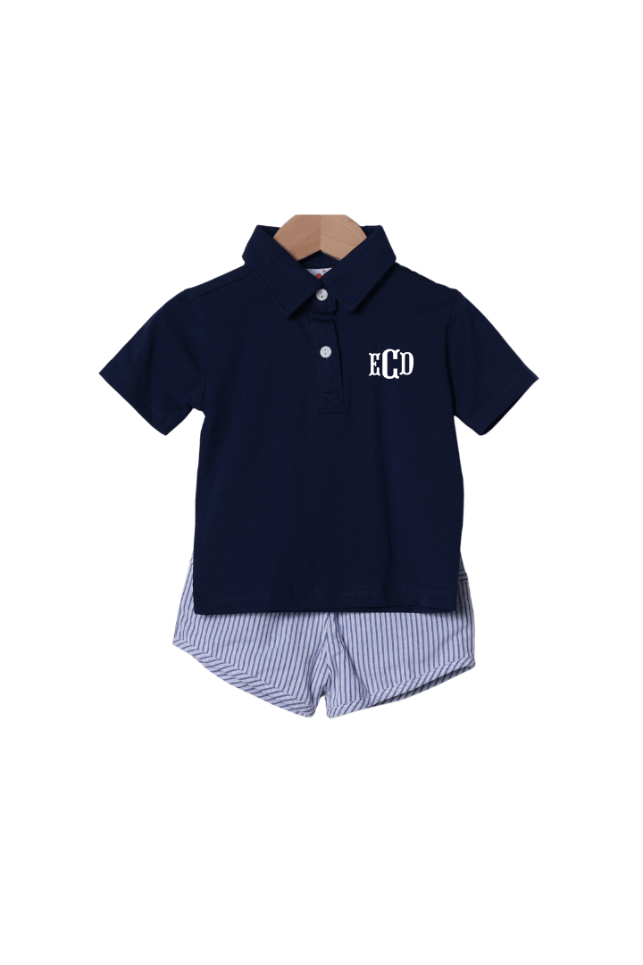 The Smocked Flamingo Apparel & Accessories Smocked Navy and White Pinstripe Short Set