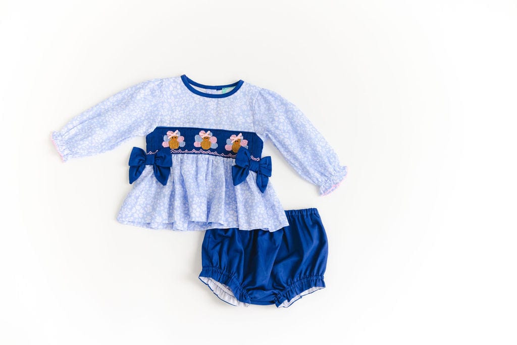 The Smocked Flamingo Apparel & Accessories Smocked Navy Blue Floral Turkey Bloomer Set