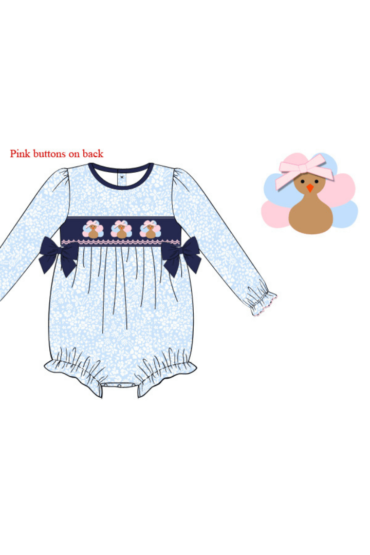 The Smocked Flamingo Apparel & Accessories Smocked Navy Blue Floral Turkey Bubble