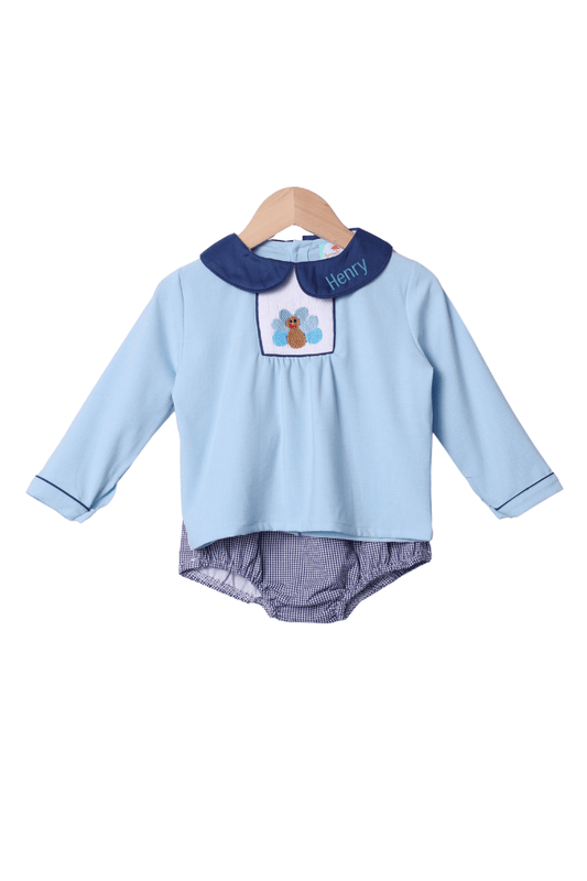 The Smocked Flamingo Apparel & Accessories Smocked Navy Blue Gingham Turkey Diaper Set