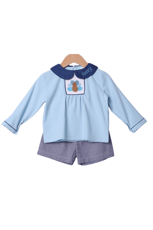 The Smocked Flamingo Apparel & Accessories Smocked Navy Blue Gingham Turkey Short Set