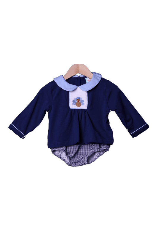 The Smocked Flamingo Apparel & Accessories Smocked Navy Blue Turkey Diaper Set