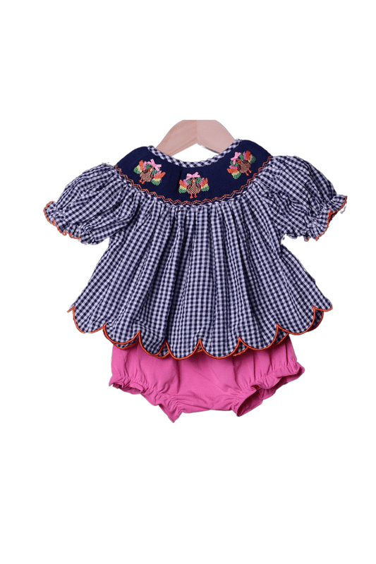 The Smocked Flamingo Apparel & Accessories Smocked Navy Seersucker Gingham Turkey Bloomer Set