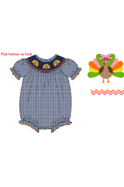 The Smocked Flamingo Apparel & Accessories Smocked Navy Seersucker Gingham Turkey Bubble