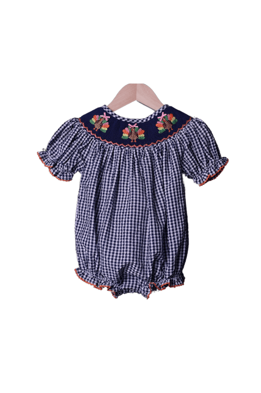 The Smocked Flamingo Apparel & Accessories Smocked Navy Seersucker Gingham Turkey Bubble