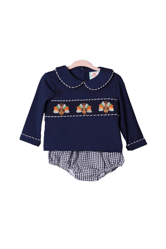 The Smocked Flamingo Apparel & Accessories Smocked Navy Seersucker Gingham Turkey Diaper Set