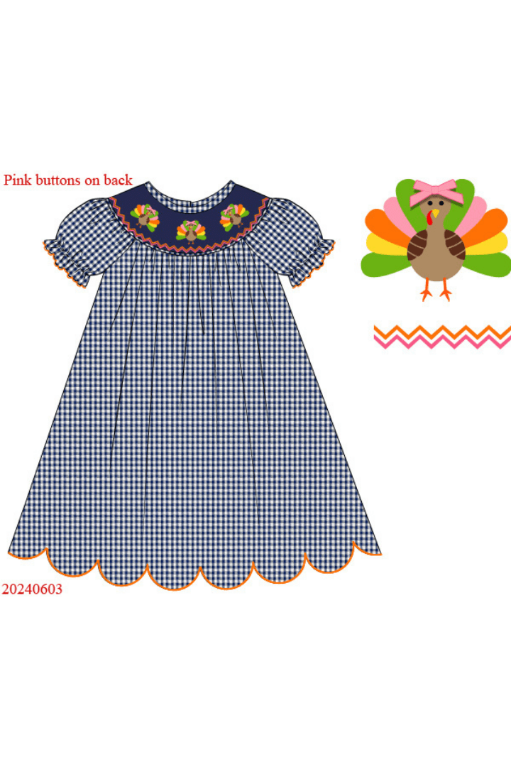 The Smocked Flamingo Apparel & Accessories Smocked Navy Seersucker Gingham Turkey Dress