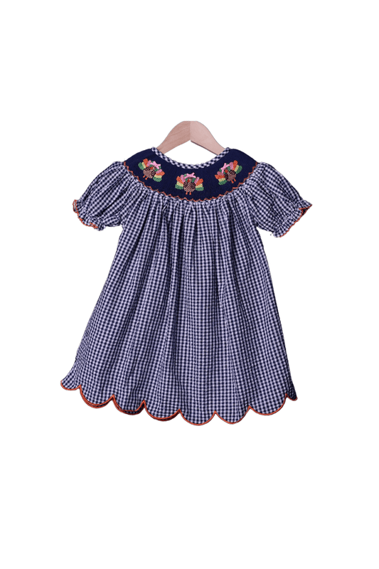 The Smocked Flamingo Apparel & Accessories Smocked Navy Seersucker Gingham Turkey Dress