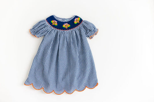 The Smocked Flamingo Apparel & Accessories Smocked Navy Seersucker Gingham Turkey Dress