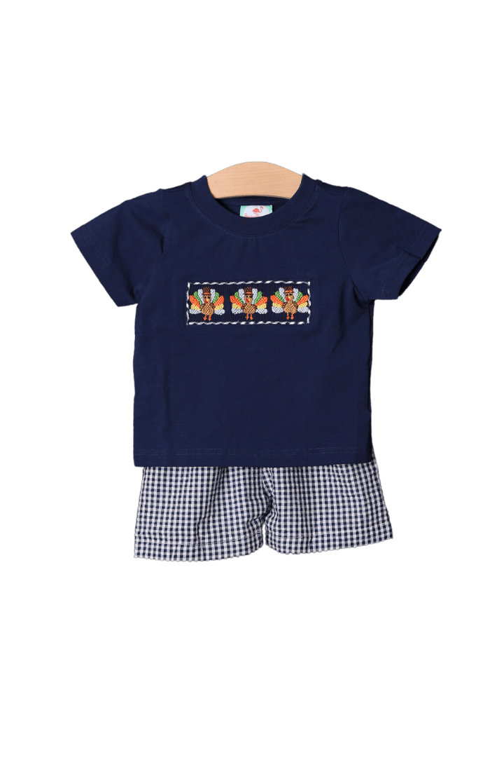 The Smocked Flamingo Apparel & Accessories Smocked Navy Seersucker Gingham Turkey Short Set