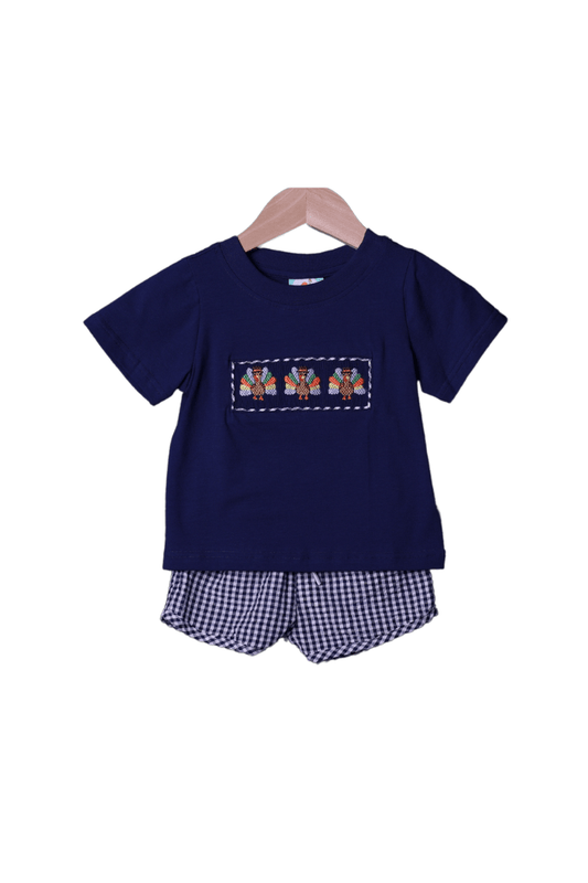 The Smocked Flamingo Apparel & Accessories Smocked Navy Seersucker Gingham Turkey Short Set