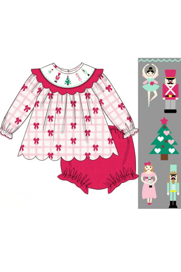 The Smocked Flamingo Apparel & Accessories Smocked Nutcracker Ballet Pink Corduroy Bloomer Set