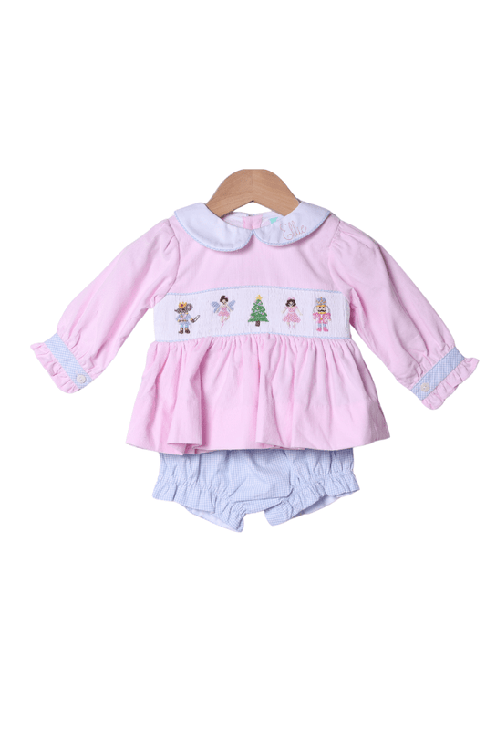 The Smocked Flamingo Apparel & Accessories Smocked Nutcracker Ballet Pink Corduroy/Blue Gingham Bloomer Set