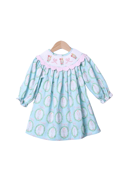 The Smocked Flamingo Apparel & Accessories Smocked Nutcracker Mint and Pink Scalloped Dress