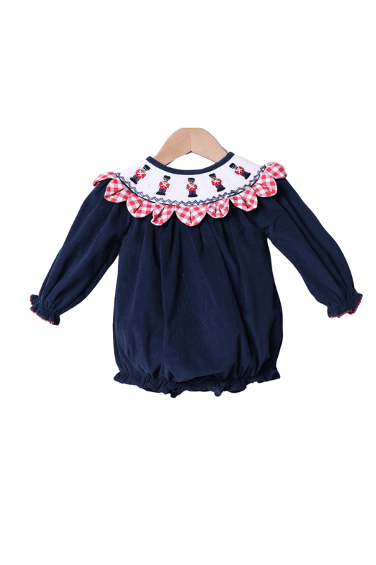 The Smocked Flamingo Apparel & Accessories Smocked Nutcracker Navy Corduroy Gingham Scalloped Bubble