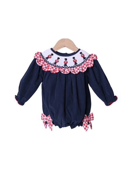 The Smocked Flamingo Apparel & Accessories Smocked Nutcracker Navy Corduroy Gingham Scalloped Bubble
