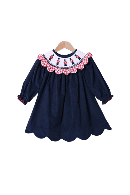 The Smocked Flamingo Apparel & Accessories Smocked Nutcracker Navy Corduroy Gingham Scalloped Dress