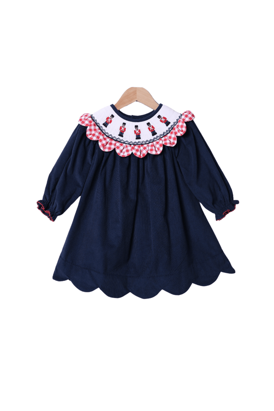 The Smocked Flamingo Apparel & Accessories Smocked Nutcracker Navy Corduroy Gingham Scalloped Dress