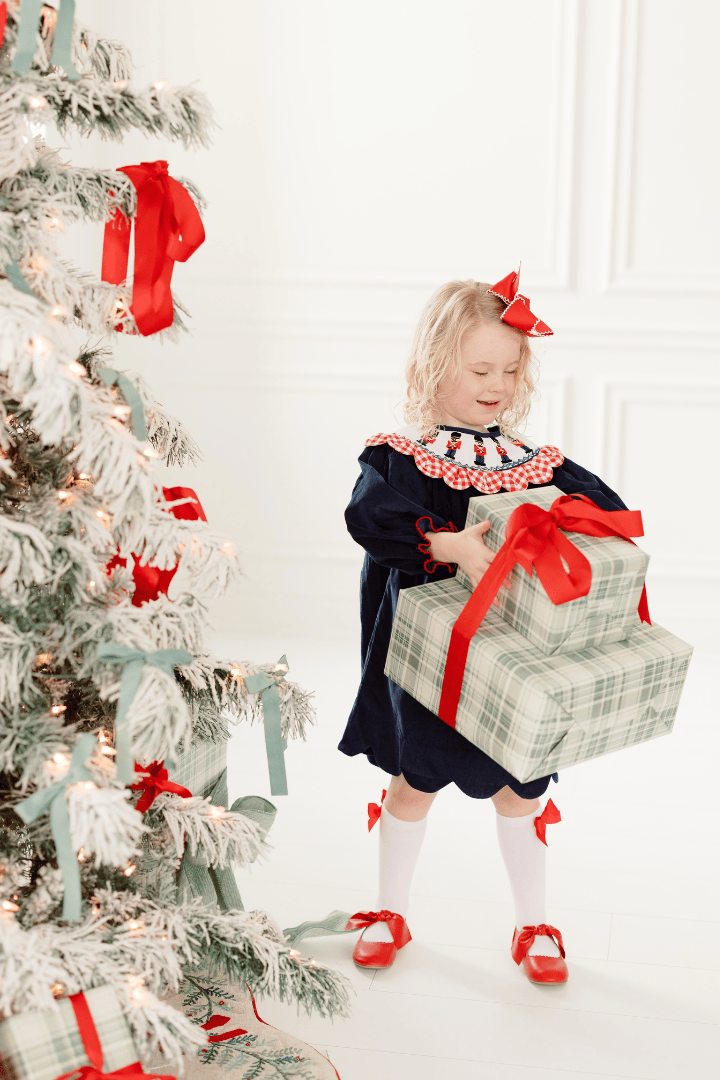 The Smocked Flamingo Apparel & Accessories Smocked Nutcracker Navy Corduroy Gingham Scalloped Dress