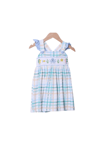 The Smocked Flamingo Apparel & Accessories Smocked Ocean Creature Blue Plaid Ruffle Dress