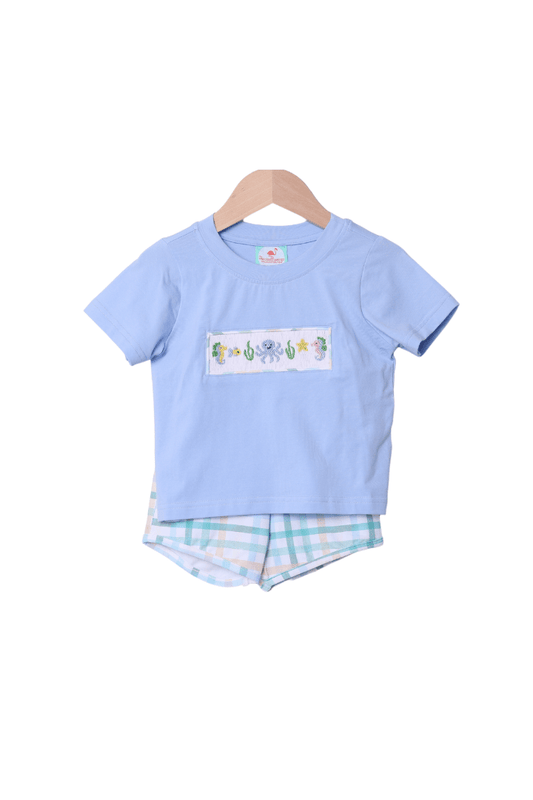 The Smocked Flamingo Apparel & Accessories Smocked Ocean Creature Blue Plaid Short Set