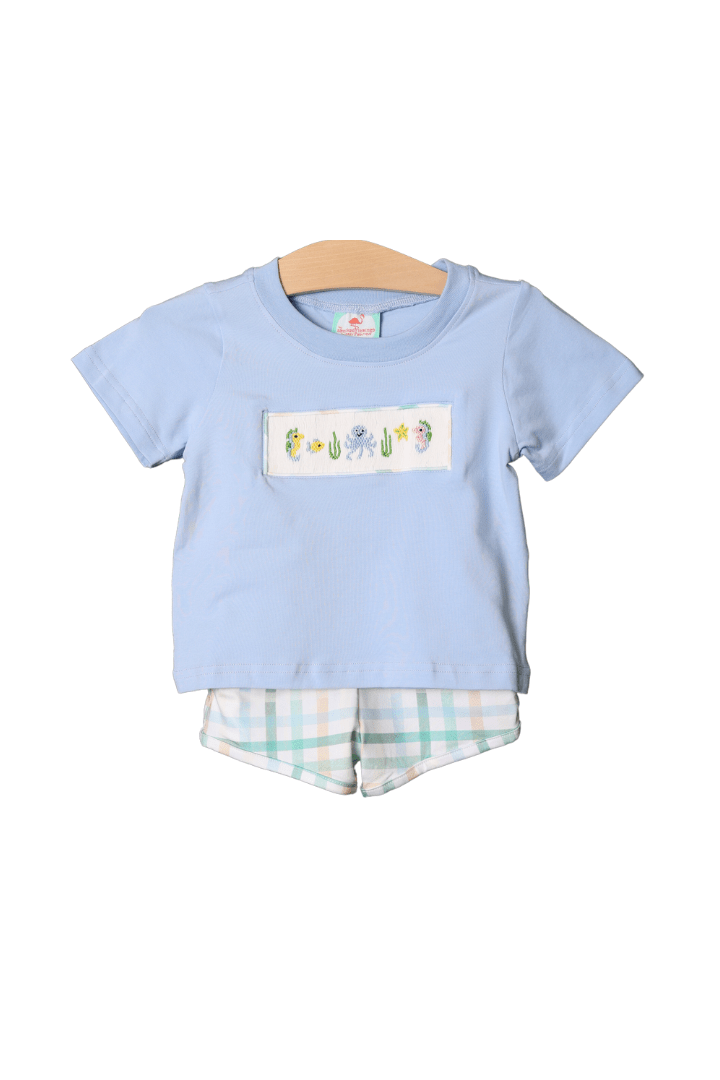 The Smocked Flamingo Apparel & Accessories Smocked Ocean Creature Blue Plaid Short Set