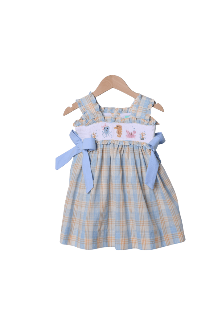 The Smocked Flamingo Apparel & Accessories Smocked Ocean Creatures Plaid Bow Dress