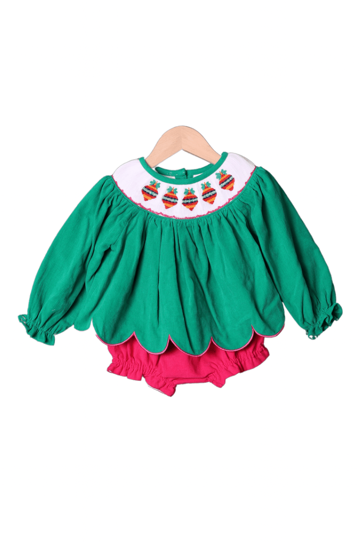 The Smocked Flamingo Apparel & Accessories Smocked Ornament Green and Hot Pink Corduroy Bloomer Set