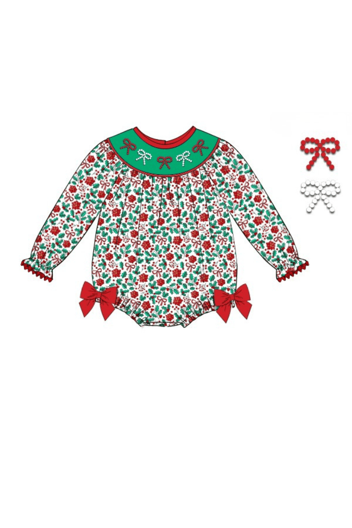 The Smocked Flamingo Apparel & Accessories Smocked Pearl Bow Floral Holly Bubble